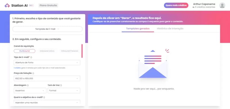 Imagem que demonstra o Gerador de templates de e-mail da ferramenta de inteligência artificial da Growth Machine Station AI.