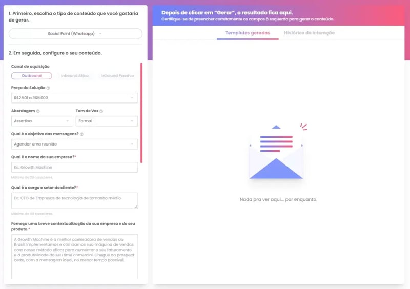 Imagem que demonstra o Gerador de templates para redes sociais da ferramenta de inteligência artificial da Growth Machine Station AI. Modalidade: WhatsApp.