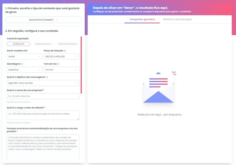 Imagem que demonstra o Gerador de templates para redes sociais da ferramenta de inteligência artificial da Growth Machine Station AI. Modalidade: LinkedIn.